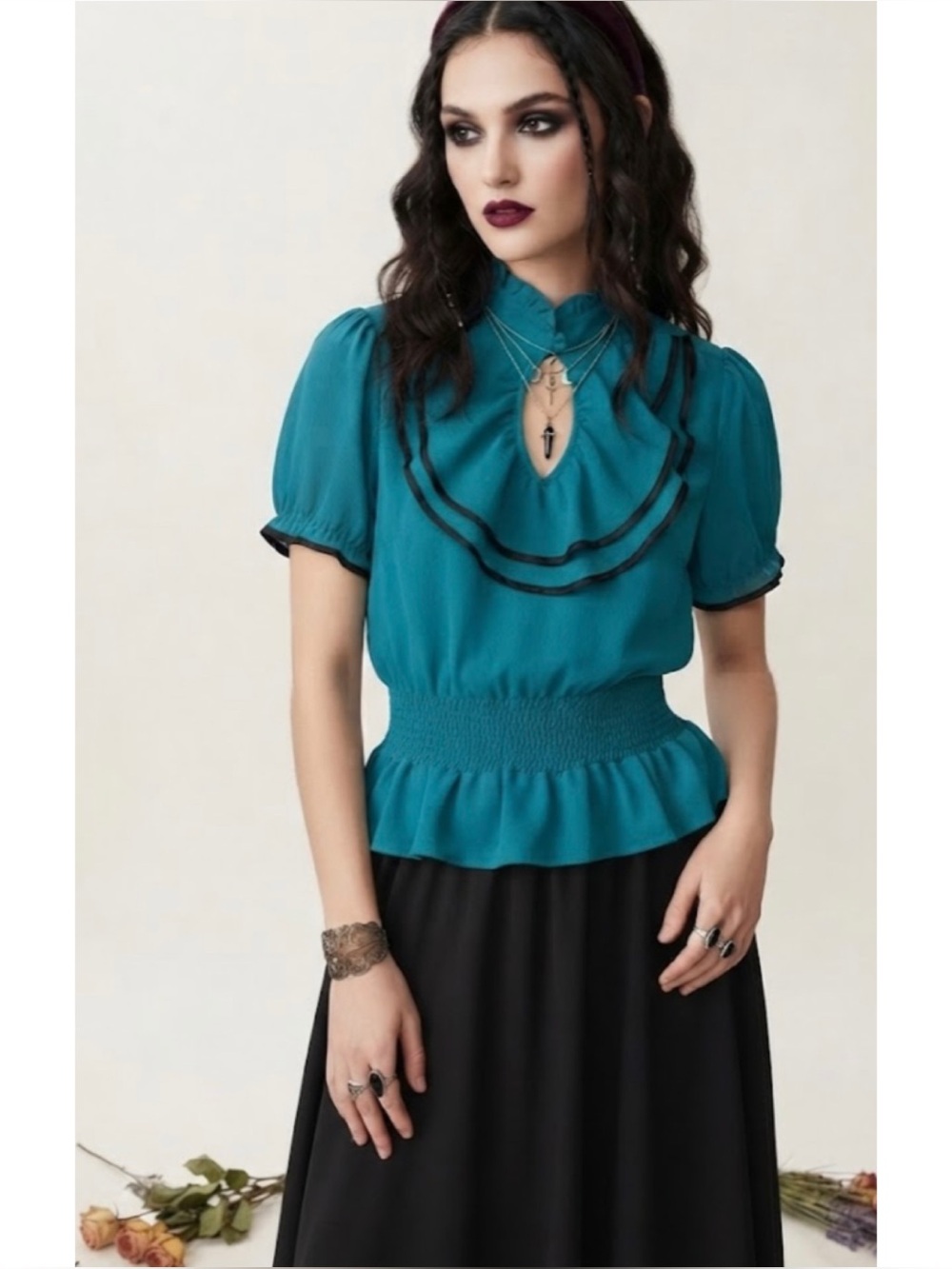 The Limited Short Sleeve Sheer Ruffle Blouse Dark Academia